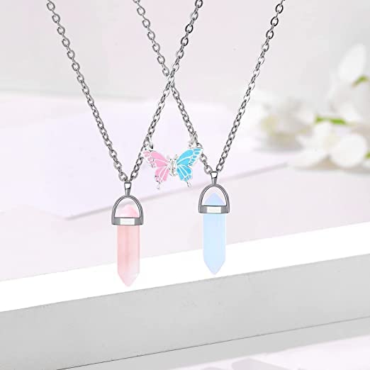 El Regalo 2Pcs/Set Resin Crystal BFF Best Friend Magnetic Butterfly Couple Matching Split Heart Pendant Necklaces for Besties/ Best Friends- Valentines Day Gift