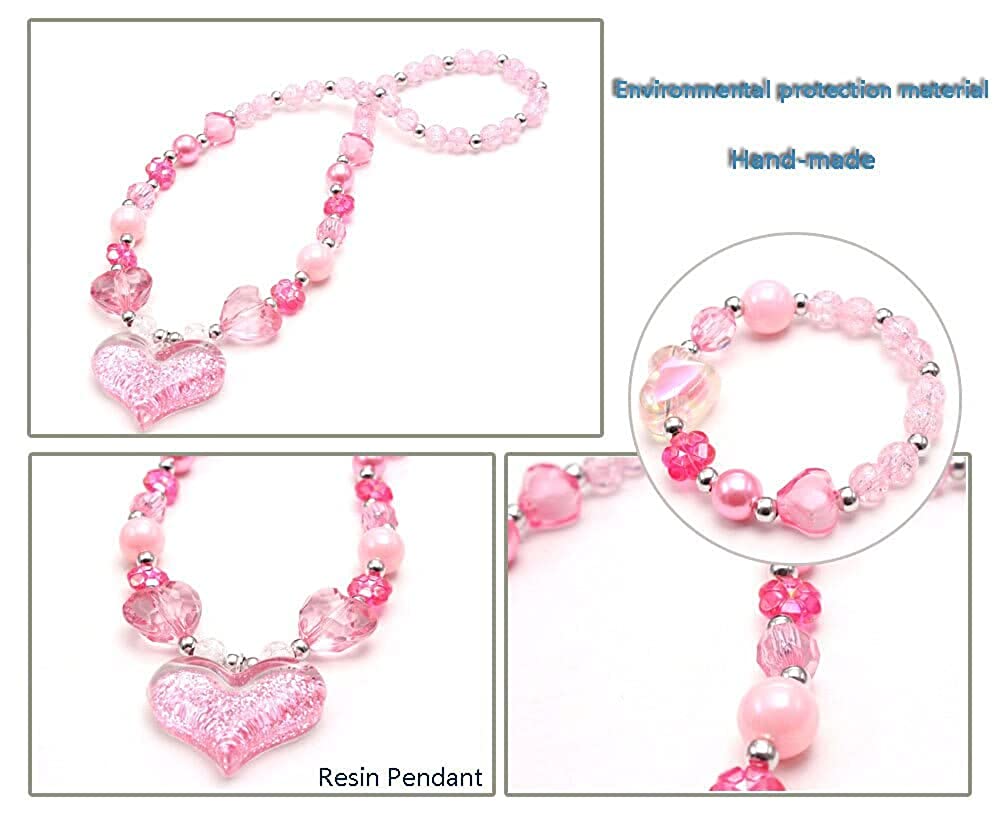 El Regalo Girls Kids Glittery Pink Heart Beads Princess Necklace & Bracelet Jewelry Sets- Acrylic Heart Beads Princess Necklace Bracelet Jewelry Set for Toddlers Girls Kids