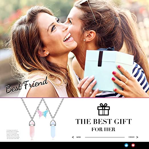 El Regalo 2Pcs/Set Resin Crystal BFF Best Friend Magnetic Butterfly Couple Matching Split Heart Pendant Necklaces for Besties/ Best Friends- Valentines Day Gift