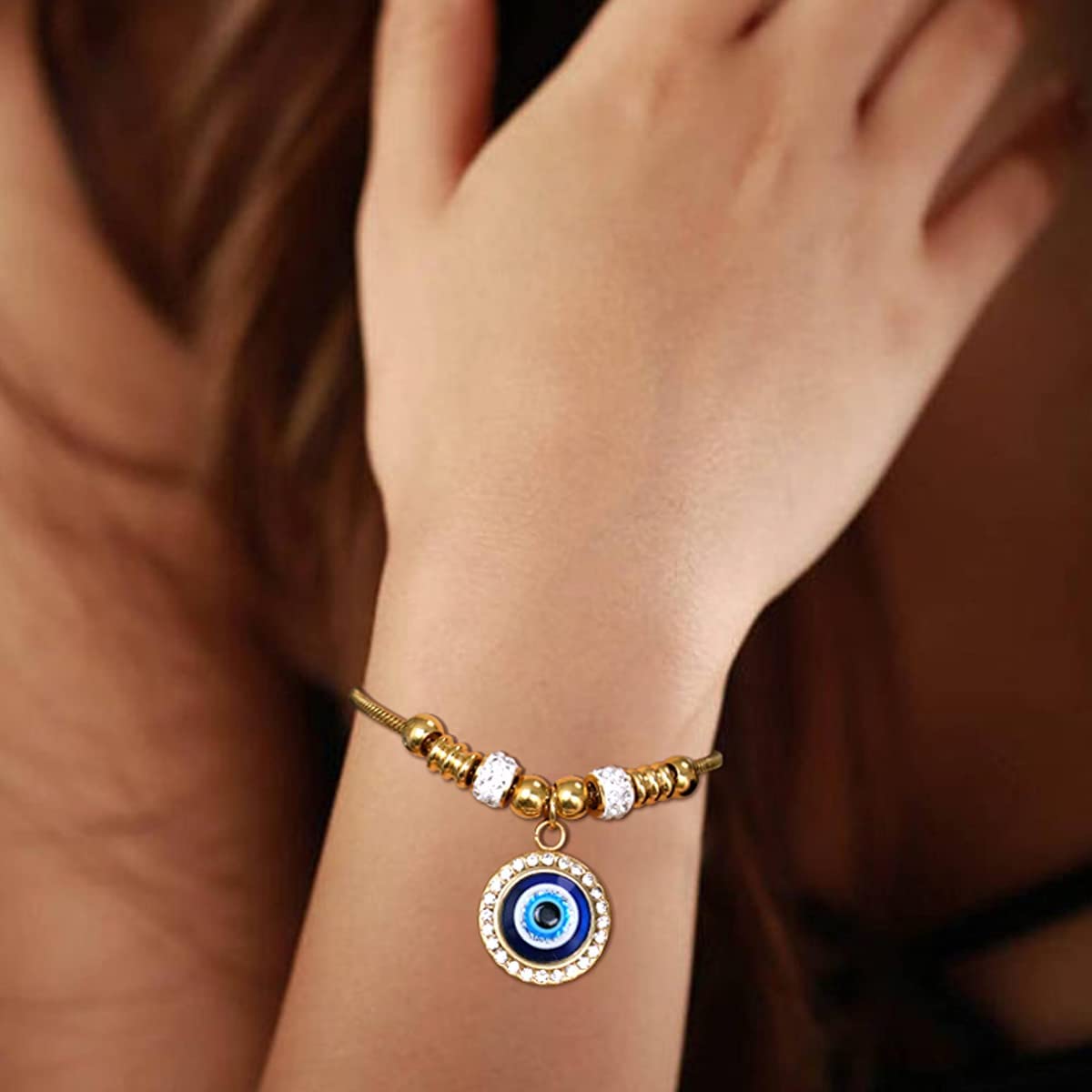 El Regalo 18K Gold Plated Evil Eye Stainless Steel Amulet Bracelet for Girls & Women- No Rust Evil Eye Adjustable Bracelet