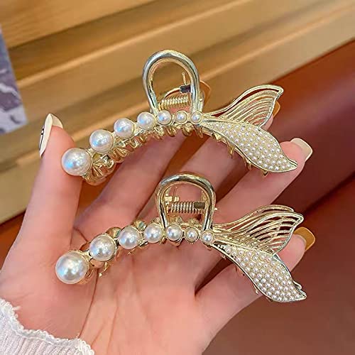 EL REGALO Pearl Hair Clips, Metal Hair Claw Clip, Non-slip Hair Catch Jaw Clamp Hiar Accessaries Birthday Gift for Thin Long Hair Women Girls Girlfriend (Fish tail)