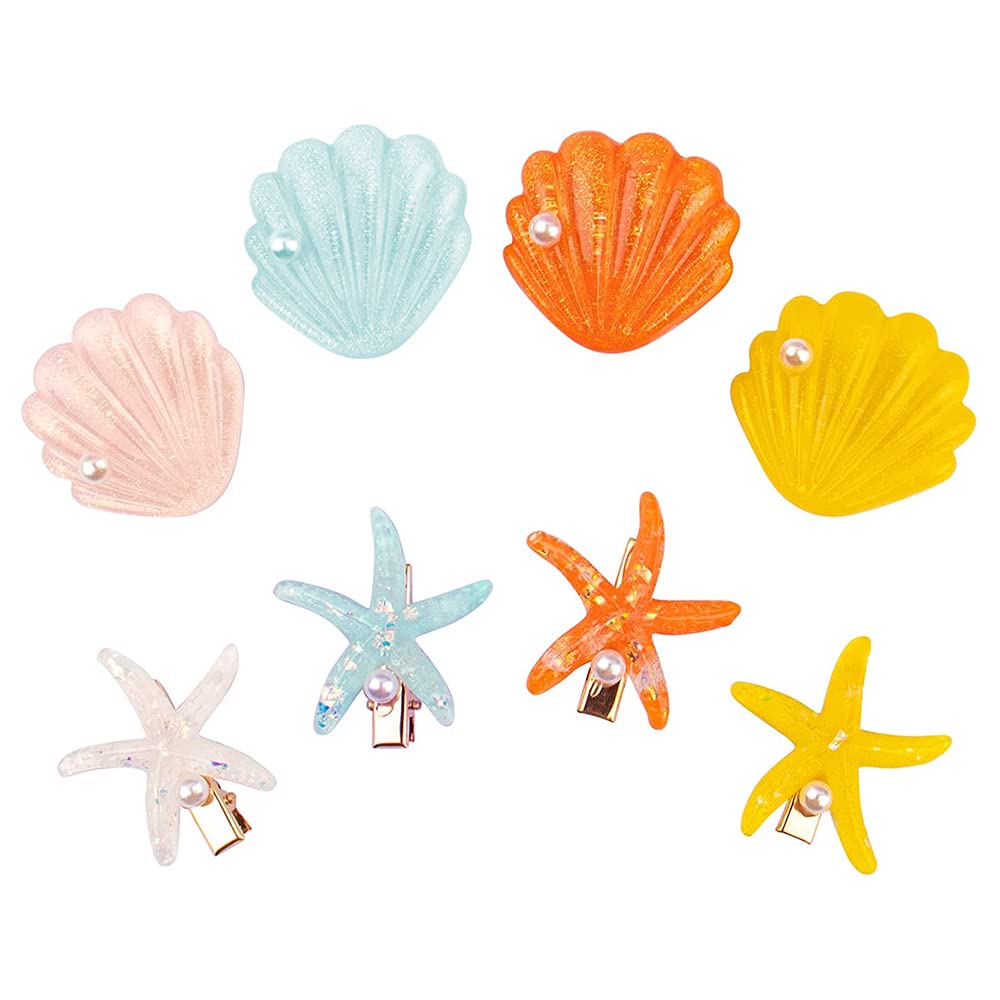 8PCs Shell Pearl Starfish Hair Clip Set - Sparkly Acrylic Resin Beach Theme Seashell Hair Clips- Alligator Hair Clips for Kids, Girls, Women- Headwear Styling Tools Hair Accessories