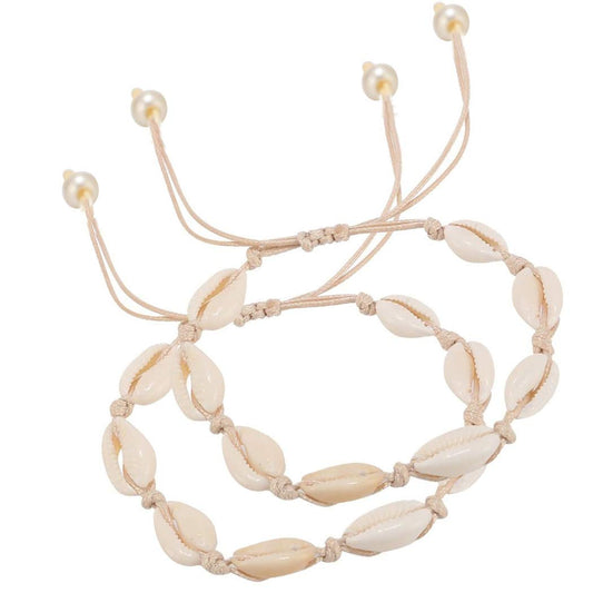 EL REGALO Nature Shell Pearl Anklet Bracelet Adjustable Boho Beach Rope Handmade Foot Jewelry for Women Girls 2Pcs