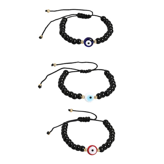El Regalo 3 PCs Evil Eye Beads Handwoven Adjustable Unisex Bracelet for Men/Women/Girls/Boys - Red, Blue & White Glass Beads Evil Eye Bracelet Set