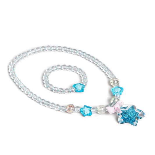El Regalo 1 Pair Girls Kids Glittery Blue Star Beads Princess Necklace & Bracelet Sets- Acrylic Star Beads Princess Necklace Bracelet Jewelry Set - Gift for Little Girls