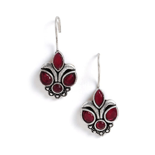 El Regalo Silver Lookalike Brass Oxidized Hook Earrings for Girls & Women- Red Stones Handcrafted Ethnic Tribal Boho Traditional Earrings in Antique Silver Finish