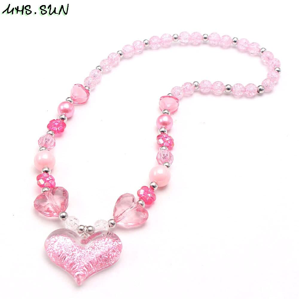 El Regalo Girls Kids Glittery Pink Heart Beads Princess Necklace & Bracelet Jewelry Sets- Acrylic Heart Beads Princess Necklace Bracelet Jewelry Set for Toddlers Girls Kids