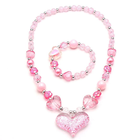 El Regalo Girls Kids Glittery Pink Heart Beads Princess Necklace & Bracelet Jewelry Sets- Acrylic Heart Beads Princess Necklace Bracelet Jewelry Set for Toddlers Girls Kids