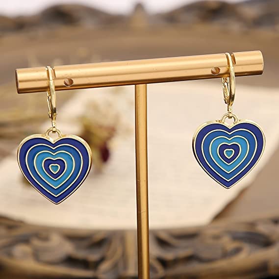 Cute Gradient Blue Color Heart-shaped Hoop Earring- Enamel Love Heart Dangle Drop Earring for Women Girl Teen - Valentines Day Gift for Her