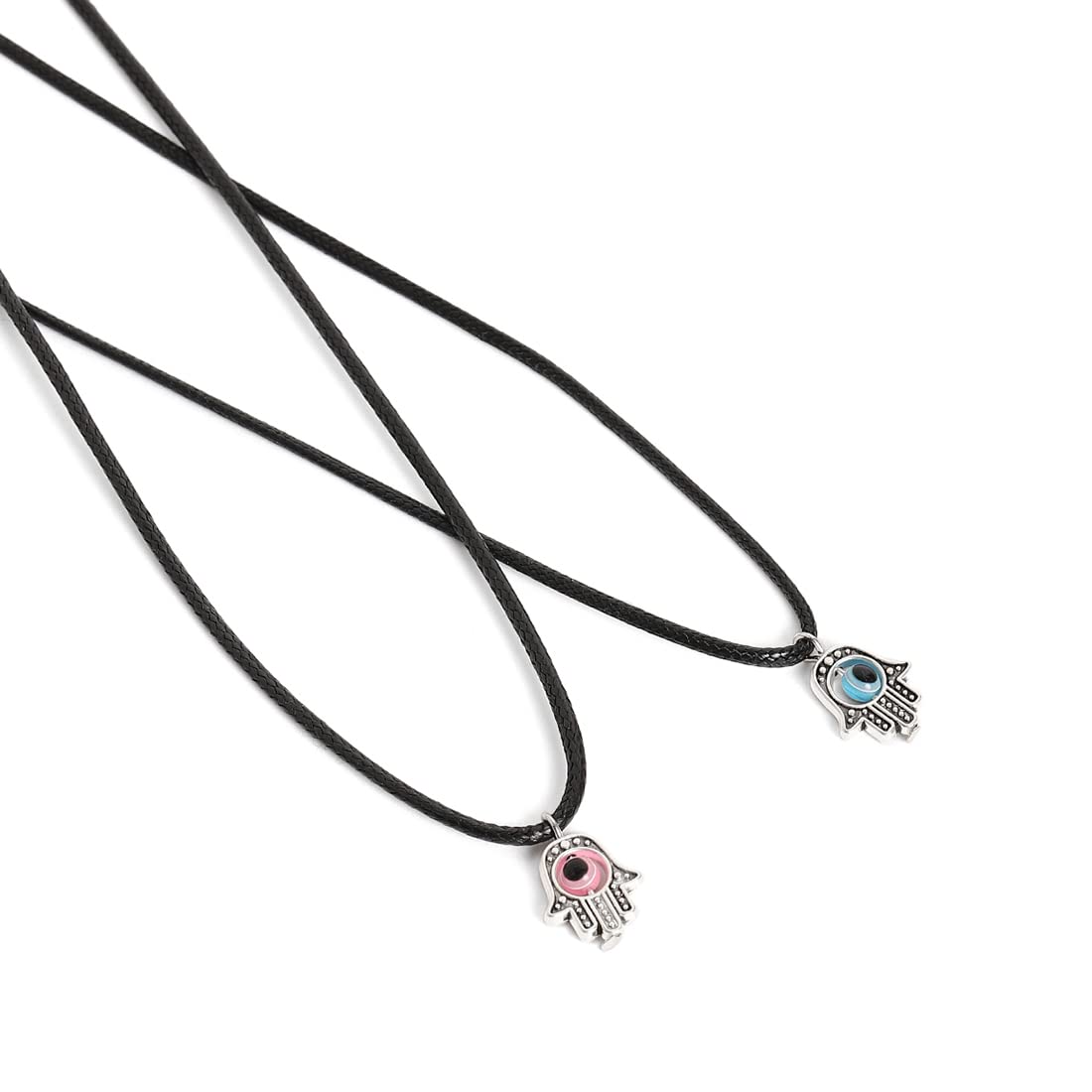 El Regalo 2PCs Evil Eye Hamsa Hand Pendant Necklaces Set for All- Kids, Girls, Boys, Men & Women- Lucky Pink & Blue Evil Eye Hamsa Hand for Best Firends/ Couples