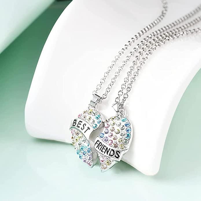 El Regalo 2 PCs Best Friends Rainbow Stones Heart Matching Pendant Necklaces for Besties/ BFF/ Soul Sisters