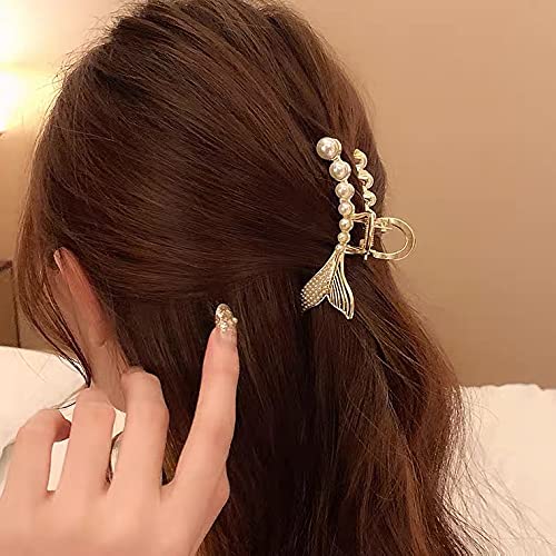 EL REGALO Pearl Hair Clips, Metal Hair Claw Clip, Non-slip Hair Catch Jaw Clamp Hiar Accessaries Birthday Gift for Thin Long Hair Women Girls Girlfriend (Fish tail)