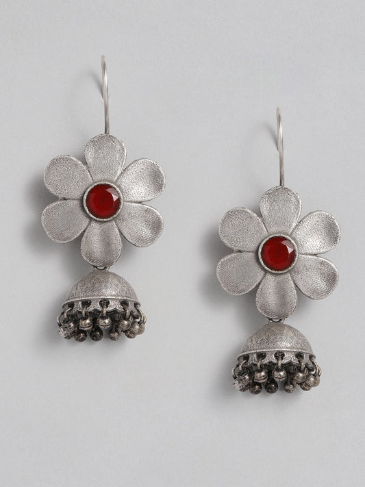 EL REGALO Red & Oxidised Silver-Toned Floral Shaped Stone Studded Jhumkas - for Women and Girls
Style ID: 16193860