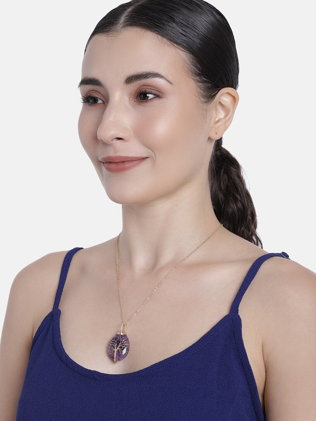 EL REGALO Purple & Gold-Toned Tree of Life Teardrop Studded Handcrafted Link Necklace - for Women and Girls
Style ID: 16216028