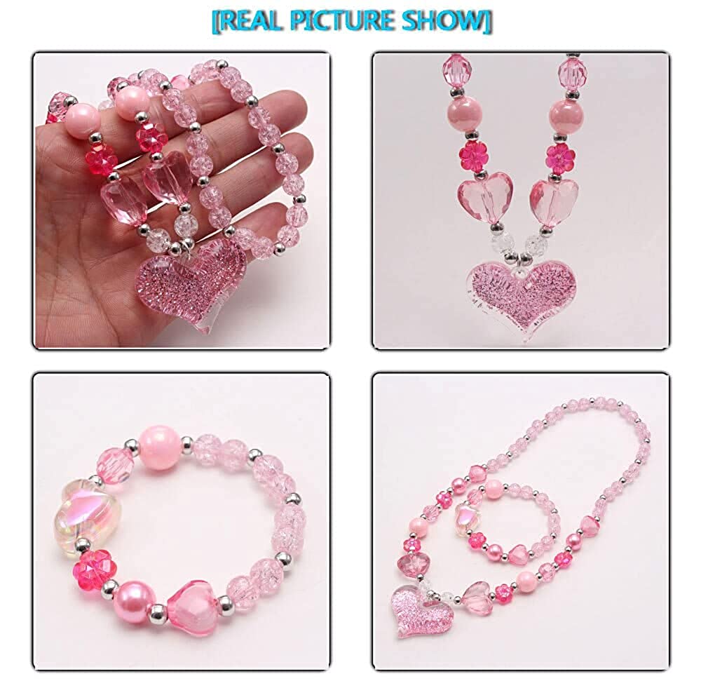 El Regalo Girls Kids Glittery Pink Heart Beads Princess Necklace & Bracelet Jewelry Sets- Acrylic Heart Beads Princess Necklace Bracelet Jewelry Set for Toddlers Girls Kids