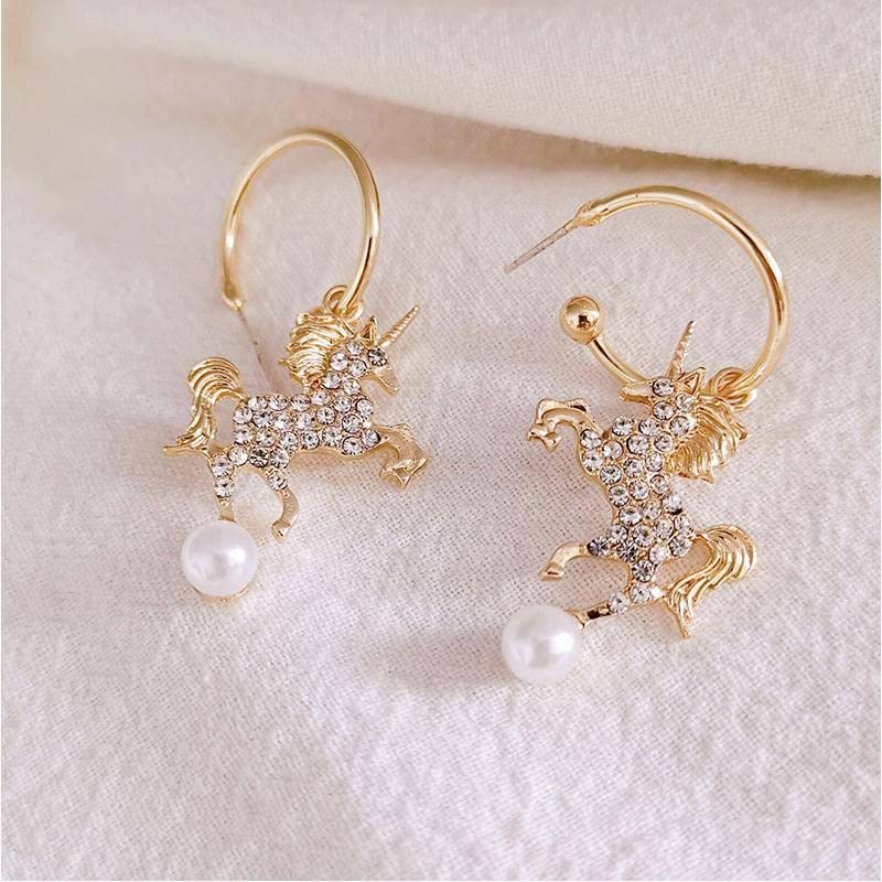 El Regalo Stylish Unicorn Pearl Earring for Girls/ Kids/ Women- Cute Zircon Unicorns Earrings