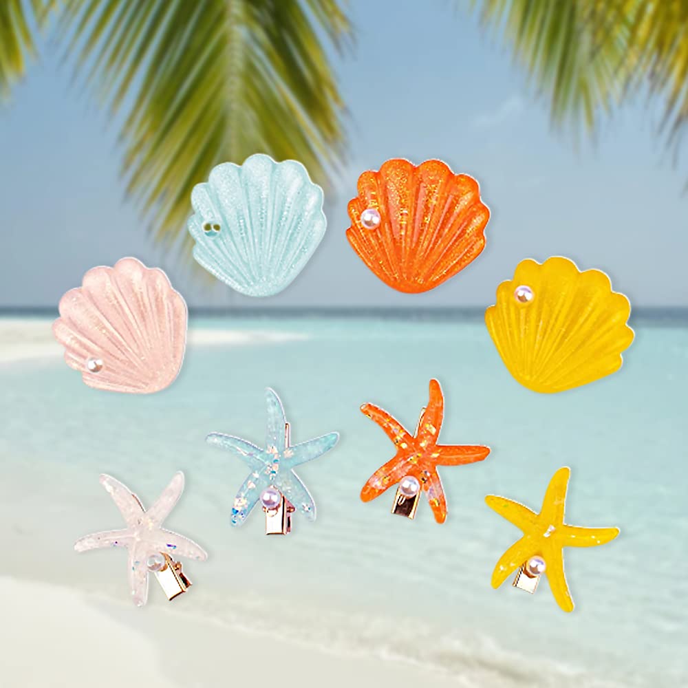 8PCs Shell Pearl Starfish Hair Clip Set - Sparkly Acrylic Resin Beach Theme Seashell Hair Clips- Alligator Hair Clips for Kids, Girls, Women- Headwear Styling Tools Hair Accessories