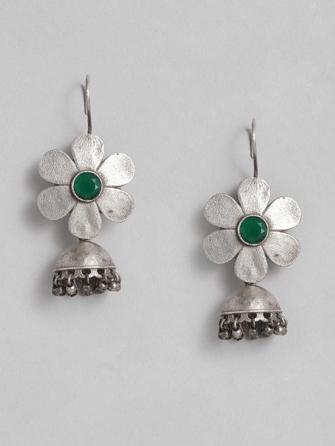 EL REGALO Green & Oxidised Silver-Toned Floral Shaped Stone Studded Jhumkas - for Women and Girls
Style ID: 16193850