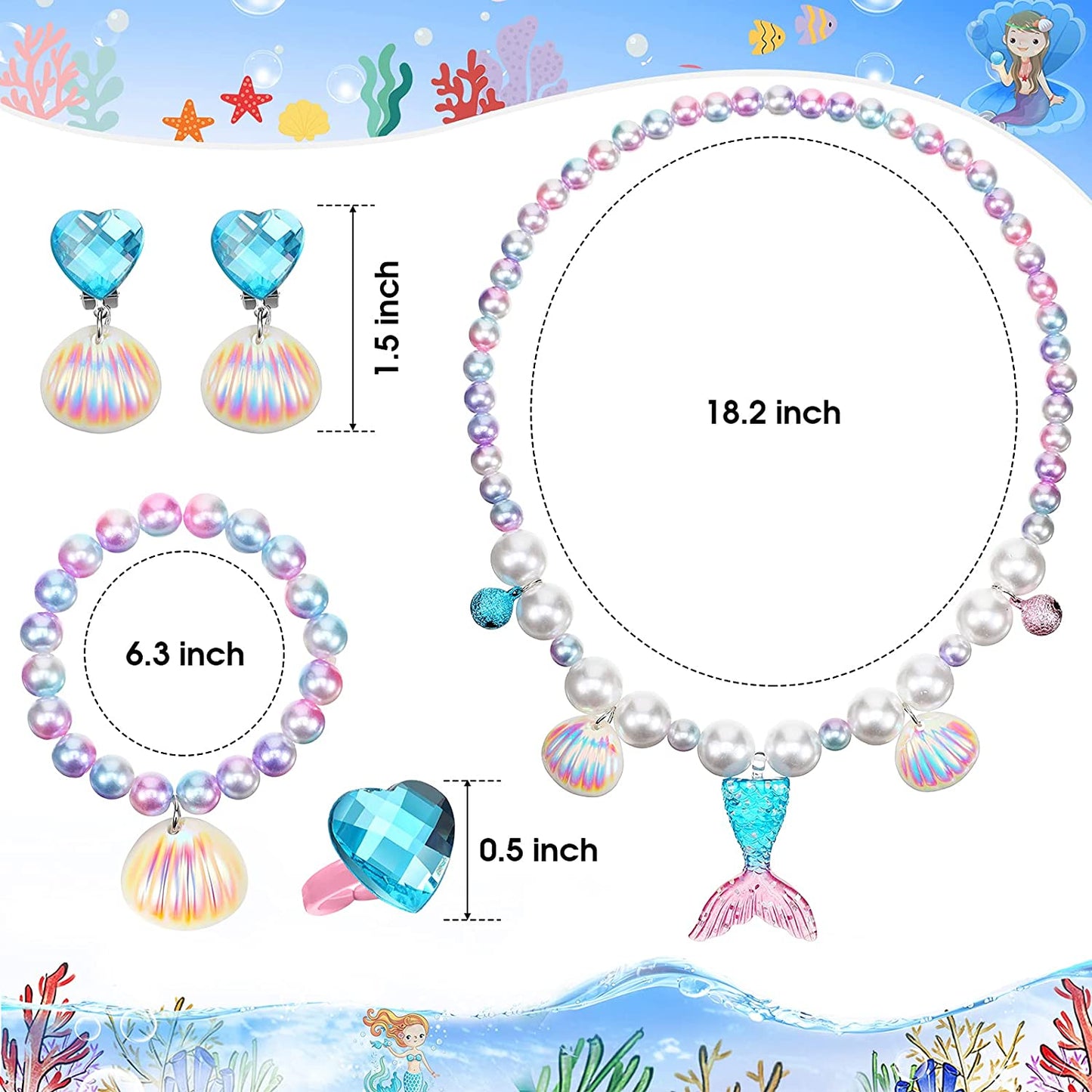 4 PCs Mermaid Princes Kids Jewelry Set- Mermaid, Heart, Shell Beaded Princess Necklace, Bracelet, Earrings & Rings for Little Girls- Gift for Little Girls