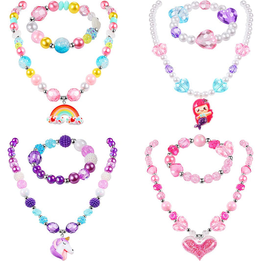 4 Set of Kids Jewelry Set for Girls- Colorful Unicorn, Mermaid, Rainbow & Heart Beads Necklace and Bracelets Set- Princess Stretchy Jewelry- Gift for Girls
