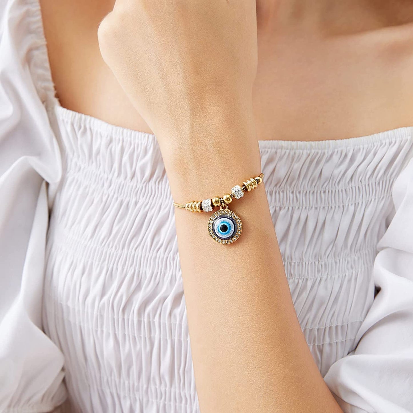 El Regalo 18K Gold Plated Evil Eye Stainless Steel Amulet Bracelet for Girls & Women- No Rust Evil Eye Adjustable Bracelet