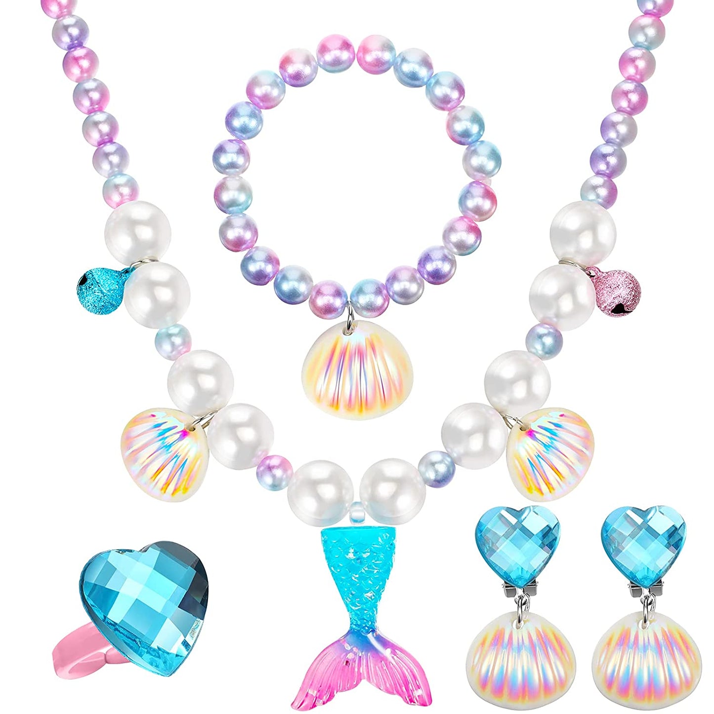 4 PCs Mermaid Princes Kids Jewelry Set- Mermaid, Heart, Shell Beaded Princess Necklace, Bracelet, Earrings & Rings for Little Girls- Gift for Little Girls