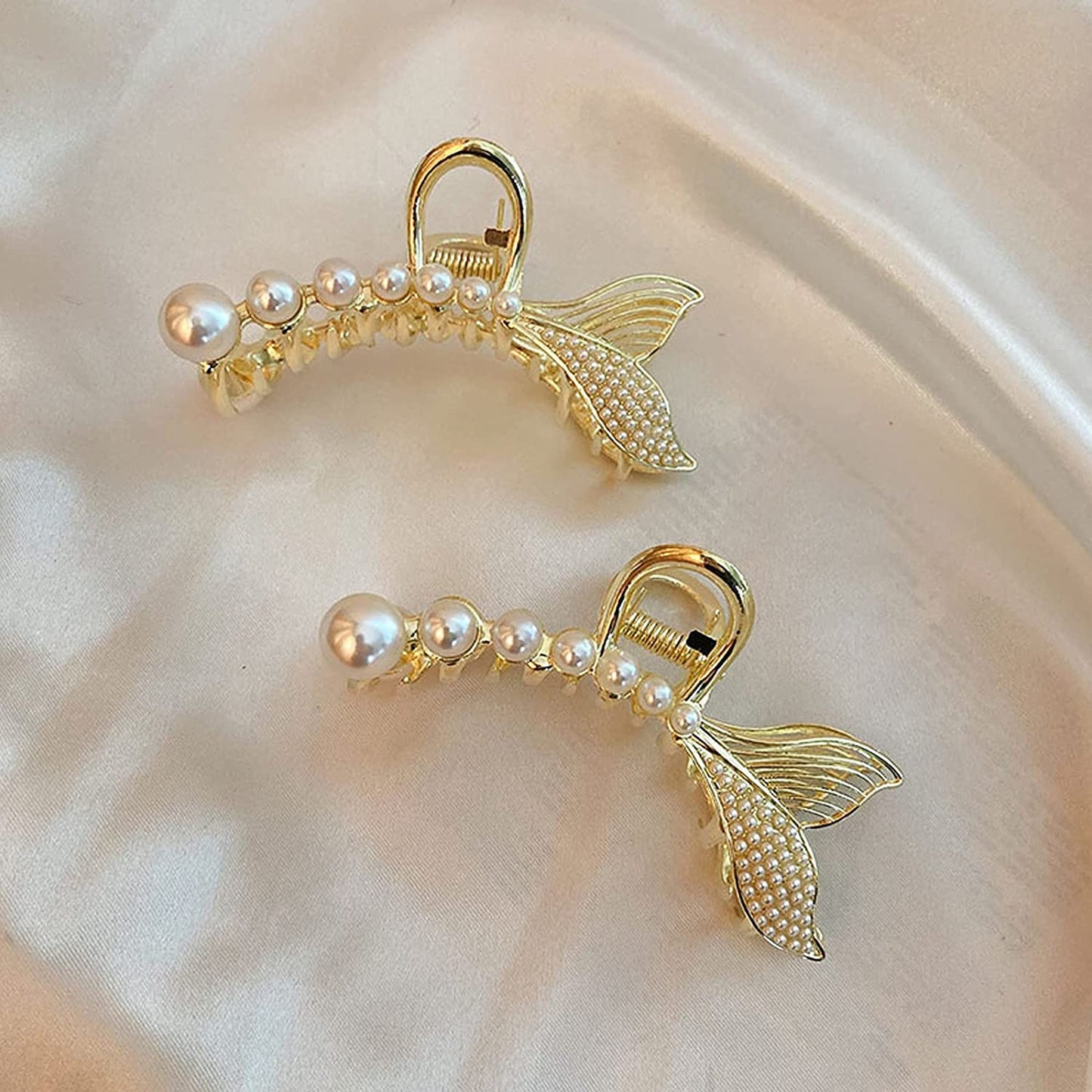 EL REGALO Pearl Hair Clips, Metal Hair Claw Clip, Non-slip Hair Catch Jaw Clamp Hiar Accessaries Birthday Gift for Thin Long Hair Women Girls Girlfriend (Fish tail)