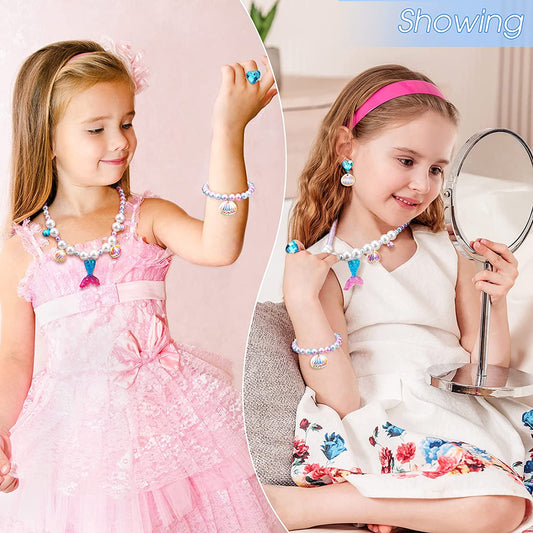 4 PCs Mermaid Princes Kids Jewelry Set- Mermaid, Heart, Shell Beaded Princess Necklace, Bracelet, Earrings & Rings for Little Girls- Gift for Little Girls