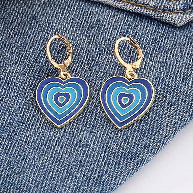 Cute Gradient Blue Color Heart-shaped Hoop Earring- Enamel Love Heart Dangle Drop Earring for Women Girl Teen - Valentines Day Gift for Her