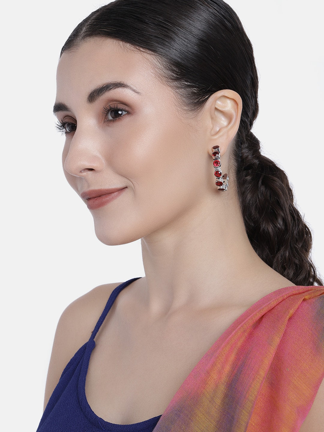 EL REGALO Red & Oxidised Silver-Toned Circular Stone Studded Half Hoop Earrings - for Women and Girls
Style ID: 16193852