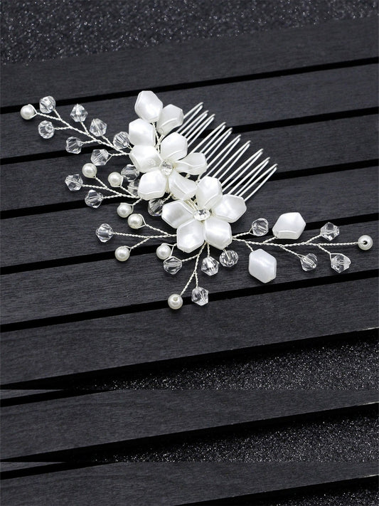El Regalo Bridal Hair Accessories - Crystal Flower Beads Hair Comb Partywear Clip - Fancy Hair Accessories