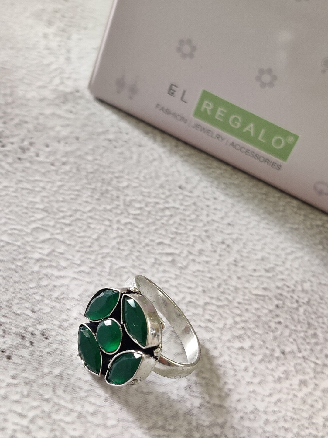 EL REGALO Silver-Toned Green Stone-Studded Antique Adjustable Finger Ring - for Women and Girls
Style ID: 16843732