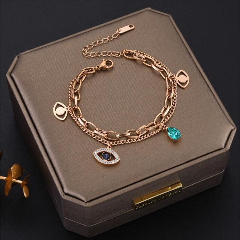 El Regalo Elegant Evil Eye Stainless Steel Layered Bracelet (No Rust/ No Fade) for Girls & Women- Gift for Her