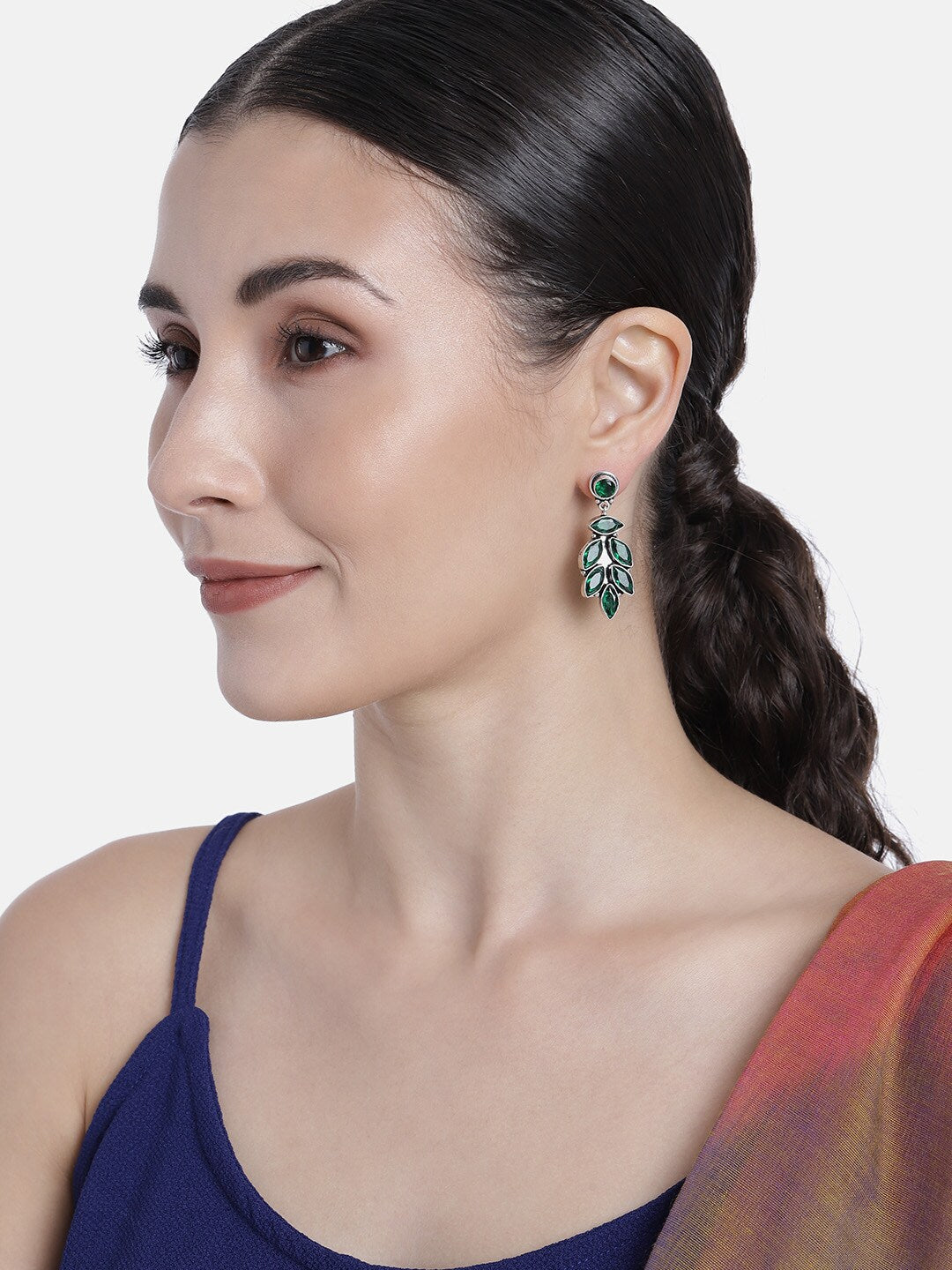 EL REGALO Green & Oxidised Silver-Toned Leaf Shaped Stone Studded Drop Earrings - for Women and Girls
Style ID: 16193848